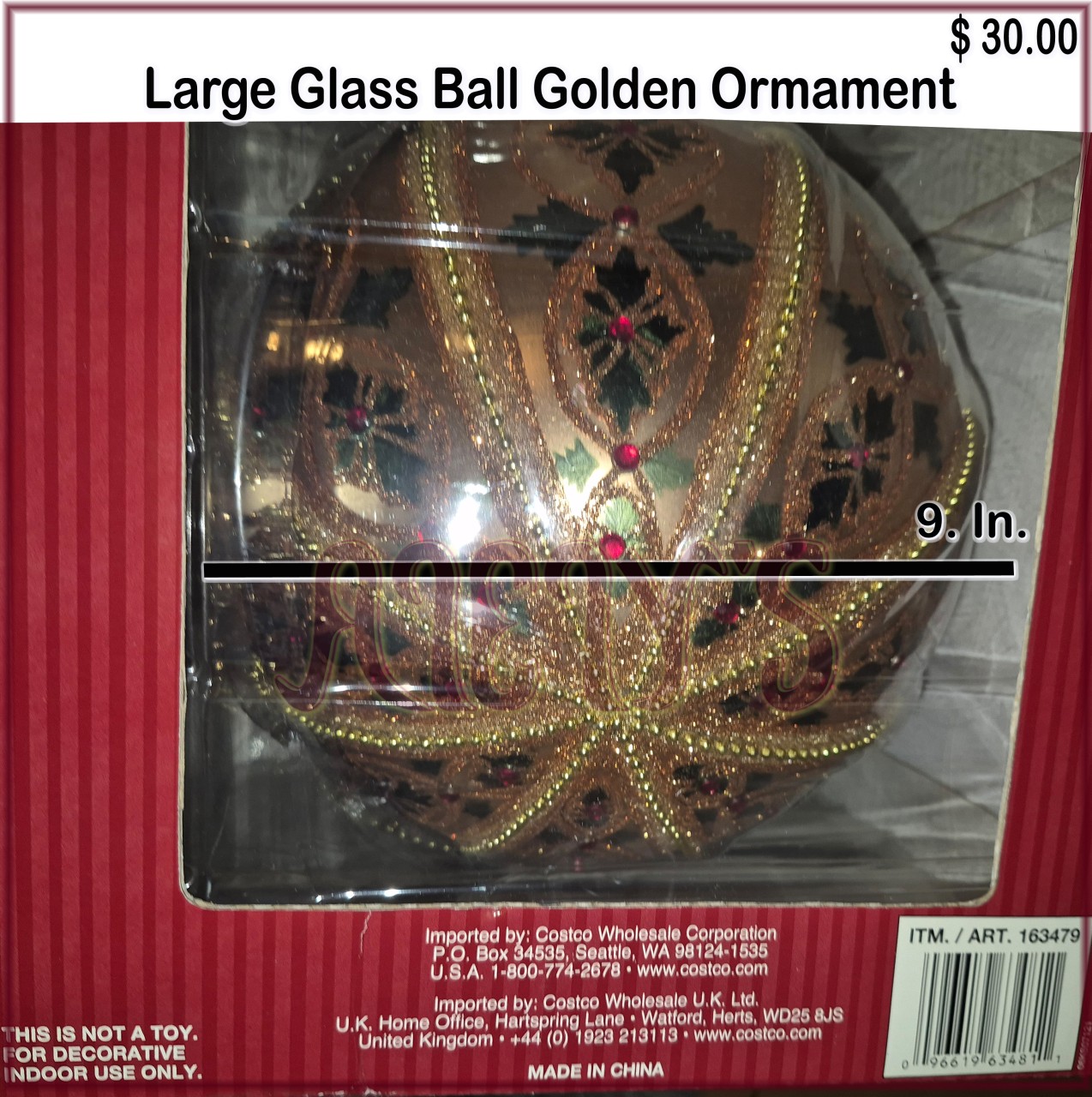 1 Un. Golden Glass Ball Ormament 9"