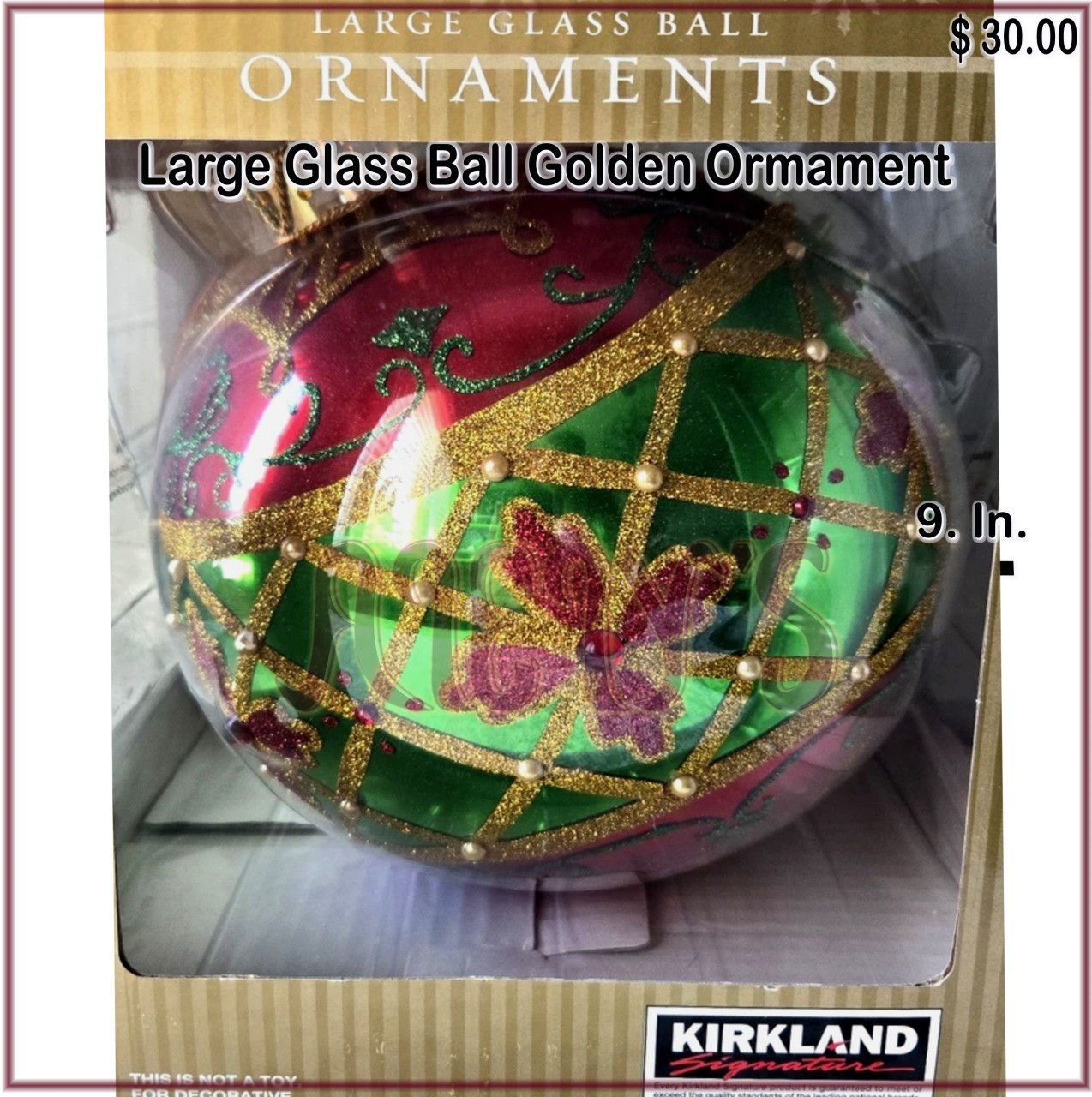 2 Un.Glass Ball Ormament Red & Green 9"